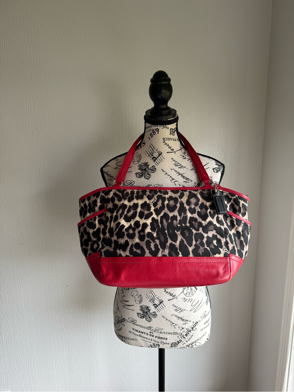 Coach Leopard-Print Tote with Red Leather Trim